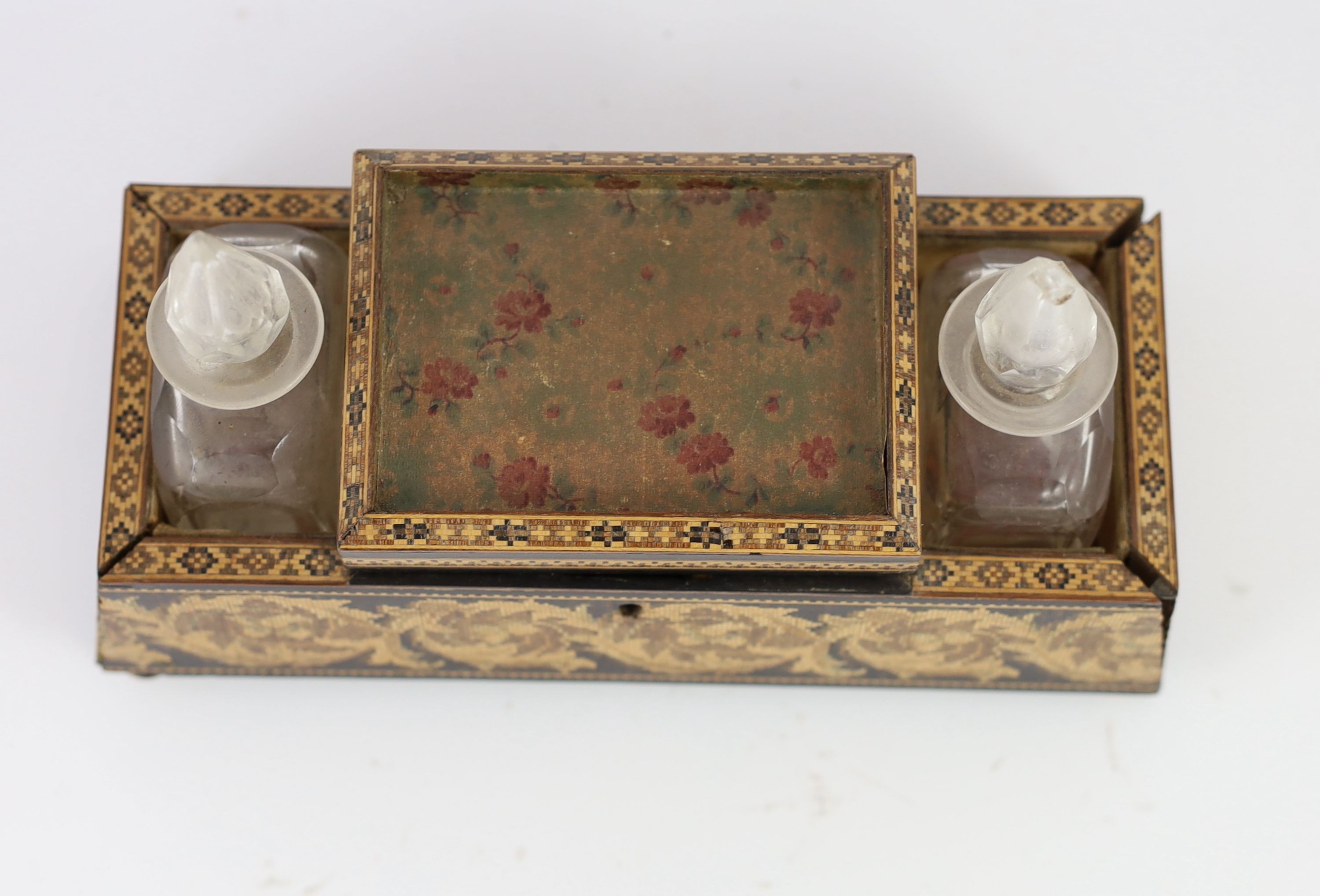 A 19th century rosewood and Tunbridgeware dressing table stand, 22cm wide (a.f.)